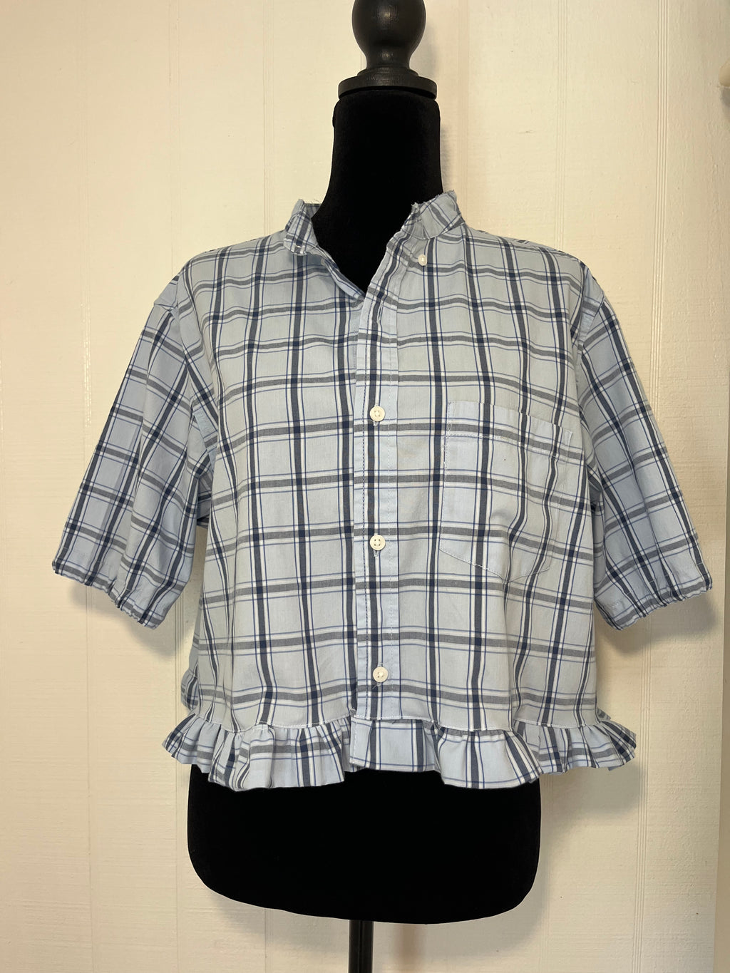 Upcycled Blue & White Plaid Cropped Button-Down Shirt