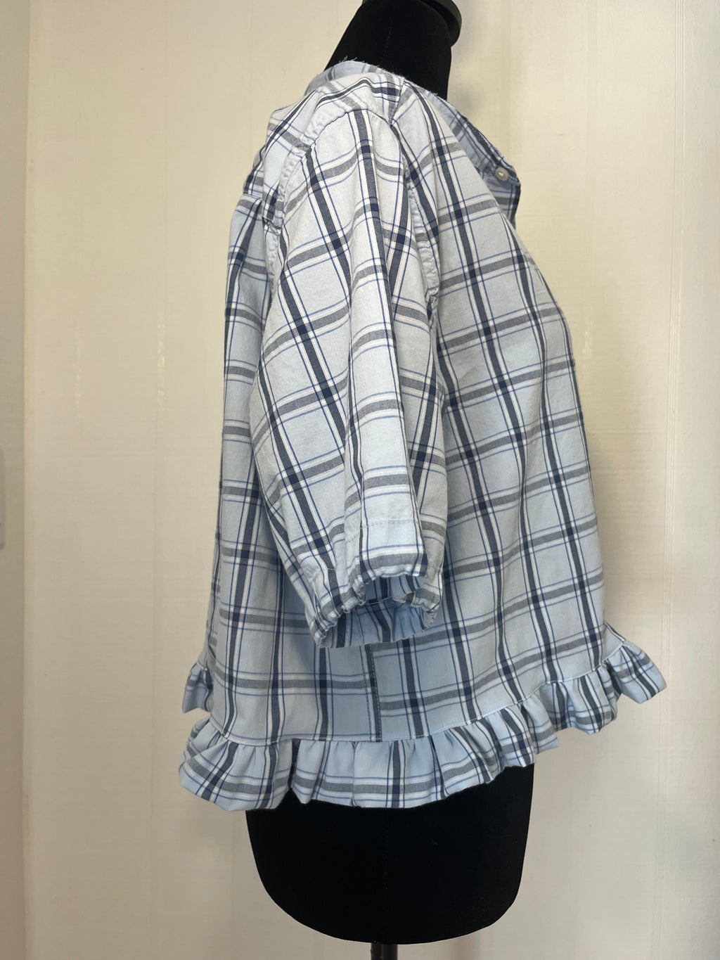 Upcycled Blue & White Plaid Cropped Button-Down Shirt
