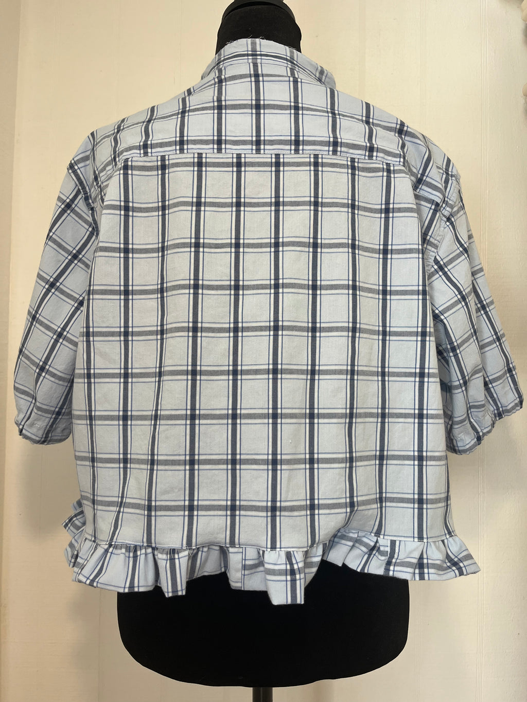 Upcycled Blue & White Plaid Cropped Button-Down Shirt